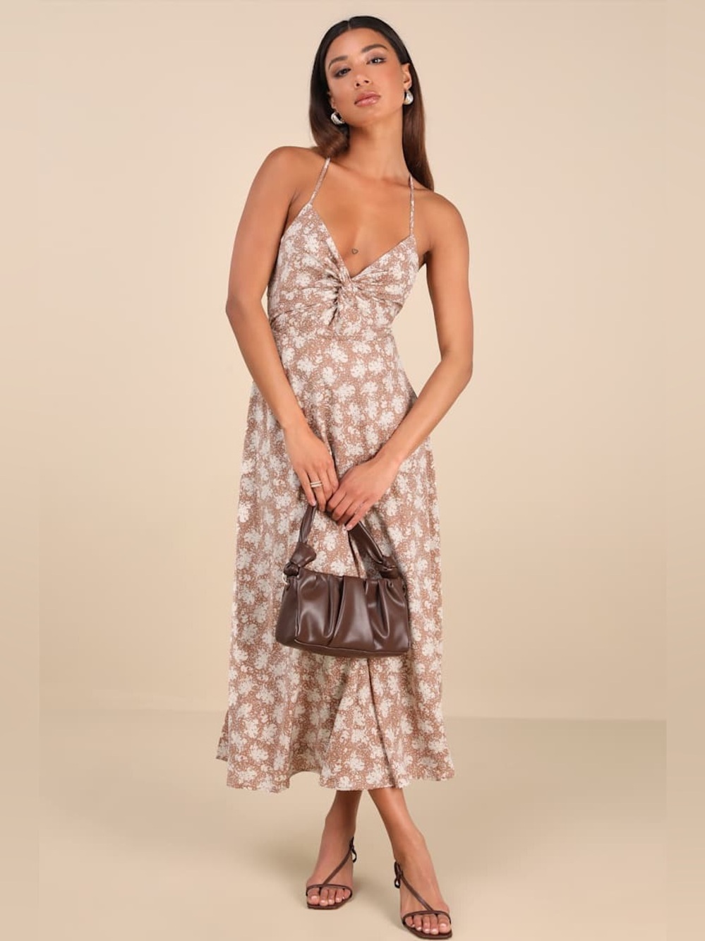Picturesque Moments Brown Floral Print Strappy Maxi Dress